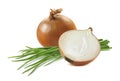 Yellow onion half green scallion 6 on white background