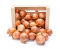 Yellow onions in wooden crate