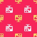 Yellow Online education and graduation icon isolated seamless pattern on red background. Online teacher on monitor