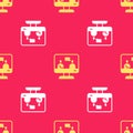 Yellow Online education and graduation icon isolated seamless pattern on red background. Online teacher on monitor