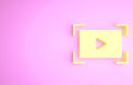 Yellow Online play video icon isolated on pink background. Film strip with play sign. Minimalism concept. 3d