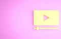 Yellow Online play video icon isolated on pink background. Film strip with play sign. Minimalism concept. 3d