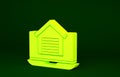 Yellow Online real estate house on laptop icon isolated on green background. Home loan concept, rent, buy, buying a