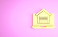 Yellow Online real estate house on laptop icon isolated on pink background. Home loan concept, rent, buy, buying a