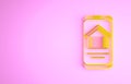 Yellow Online real estate house on smartphone icon isolated on pink background. Home loan concept, rent, buy, buying a