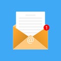 Yellow open letter icon with document, red notification sign and email symbol at. Vector newsletter mail illustration. Spam