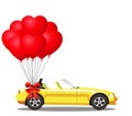 Yellow opened cartoon cabriolet car with bunch of red balloons