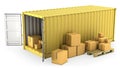 Yellow opened container with a lot of carton boxes