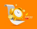 Yellow-orange alarm clock alerting flash sale promotion limited time promotion and gold coins or money coins floating around and