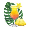 Yellow orange beach cocktail with carambola, pineapple, monstera palm leaf. Summer tropical drink. Party time. Hand