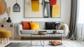Yellow, orange, black and brown pillows on comfortable grey scandinavian sofa. AI Generative Royalty Free Stock Photo