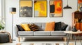 Yellow, orange, black and brown pillows on comfortable grey scandinavian sofa. AI Generative Royalty Free Stock Photo