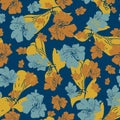 Yellow orange and blue summer flowers seamless vector pattern