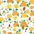 Yellow and orange chrysanthemum bouquets, flat vector illustration seamless pattern Royalty Free Stock Photo