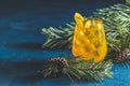 Yellow orange cocktail with tangerine and rosemary in glass on dark blue concrete background decorated pine branches with cones,