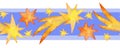 Yellow-orange comets and stars on a blue background, watercolor , seamless border pattern