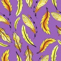 Yellow and orange feathers seamless pattern. colorful bird feathers repeating background for web and print purpose.