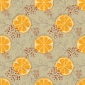 Yellow orange fruit seamless pattern on a green background. Vector illustration of an infinite pattern with linear Royalty Free Stock Photo