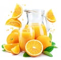 Yellow orange fruits and fresh orange juice isolated on white background