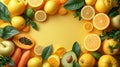 Yellow orange fruits vegetables arranged textured yellow background, highlighting freshness variety healthy foods