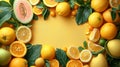 Yellow orange fruits vegetables arranged textured yellow background, highlighting freshness variety healthy foods