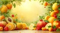 Yellow orange fruits vegetables arranged textured yellow background, highlighting freshness variety healthy foods