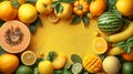 Yellow orange fruits vegetables arranged textured yellow background, highlighting freshness variety healthy foods