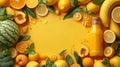 Yellow orange fruits vegetables arranged textured yellow background, highlighting freshness variety healthy foods