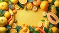 Yellow orange fruits vegetables arranged textured yellow background, highlighting freshness variety healthy foods