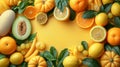 Yellow orange fruits vegetables arranged textured yellow background, highlighting freshness variety healthy foods