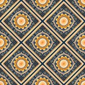 Yellow Orange Gold Flower on Indigo Blue. Geometric ethnic oriental pattern traditional Design for background,carpet,wallpaper, Royalty Free Stock Photo