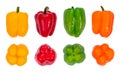 Yellow, orange, green and red bell peppers, front and back view, isolated on white background. Fresh vegetable with water drops Royalty Free Stock Photo