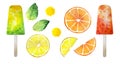 Yellow, orange, green Set. Lemon fruit slice, grapefruit slice, two mint sheets, green and orange popsicles, two juice Royalty Free Stock Photo