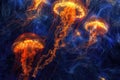 Yellow and orange Jellyfish dansing in the dark blue ocean water Royalty Free Stock Photo