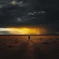 A yellow, orange landscape of a large desert through which a man walks under a cloudy dark sky. A lonely walk on the hot sand