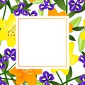 Yellow, Orange Lily and Blue Iris Flower Banner Card Border on White Background. Vector Illustration Royalty Free Stock Photo