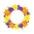 Yellow, Orange Lily and Blue Iris Flower Banner Wreath on White Background. Vector Illustration Royalty Free Stock Photo