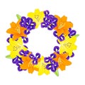 Yellow, Orange Lily and Blue Iris Flower Wreath on White Background. Vector Illustration Royalty Free Stock Photo