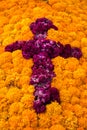 Yellow orange marigold and pink celosia mexican flower of the Day of the Dead