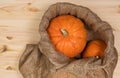Yellow-orange pumpkins inside a bag on a background of wooden table, the concept of Halloween and the autumn harvest of pumpkins Royalty Free Stock Photo
