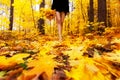 Yellow, orange and red autumn leaves in beautiful fall park. Girl with bouquet of maple leaf goes through the Park barefoot.