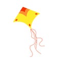 Yellow, orange and red kite with long ropes and abstract pattern, child toy, simple cartoon style vector illustration