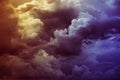 Yellow orange red purple violet blue clouds. Storm rain wind. Dark dramatic sky. Flash glow light lightning. Background. Royalty Free Stock Photo