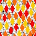 Yellow, orange and red rhombus on black white doodle background Royalty Free Stock Photo