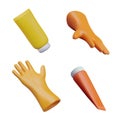 Yellow and orange rubber gloves, tubes with household chemicals