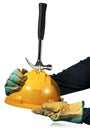 Yellow and Orange Safety Helmet with a Broken Hammer on it