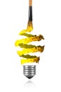 Yellow orange spiral paint trace and paintbrush made light bulb