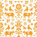 Austrian and German cross-stitch vector seamless folk art pattern, emrboidery tile design with birds, dogs, cows, hearts and flowe