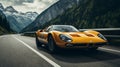 Yellow Orange vintage sports car racing on mountain road - AI Generated Royalty Free Stock Photo