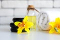 Yellow orchid aromatherapy Spa with candle. Thai Spa relax Treatments and massage white background.
